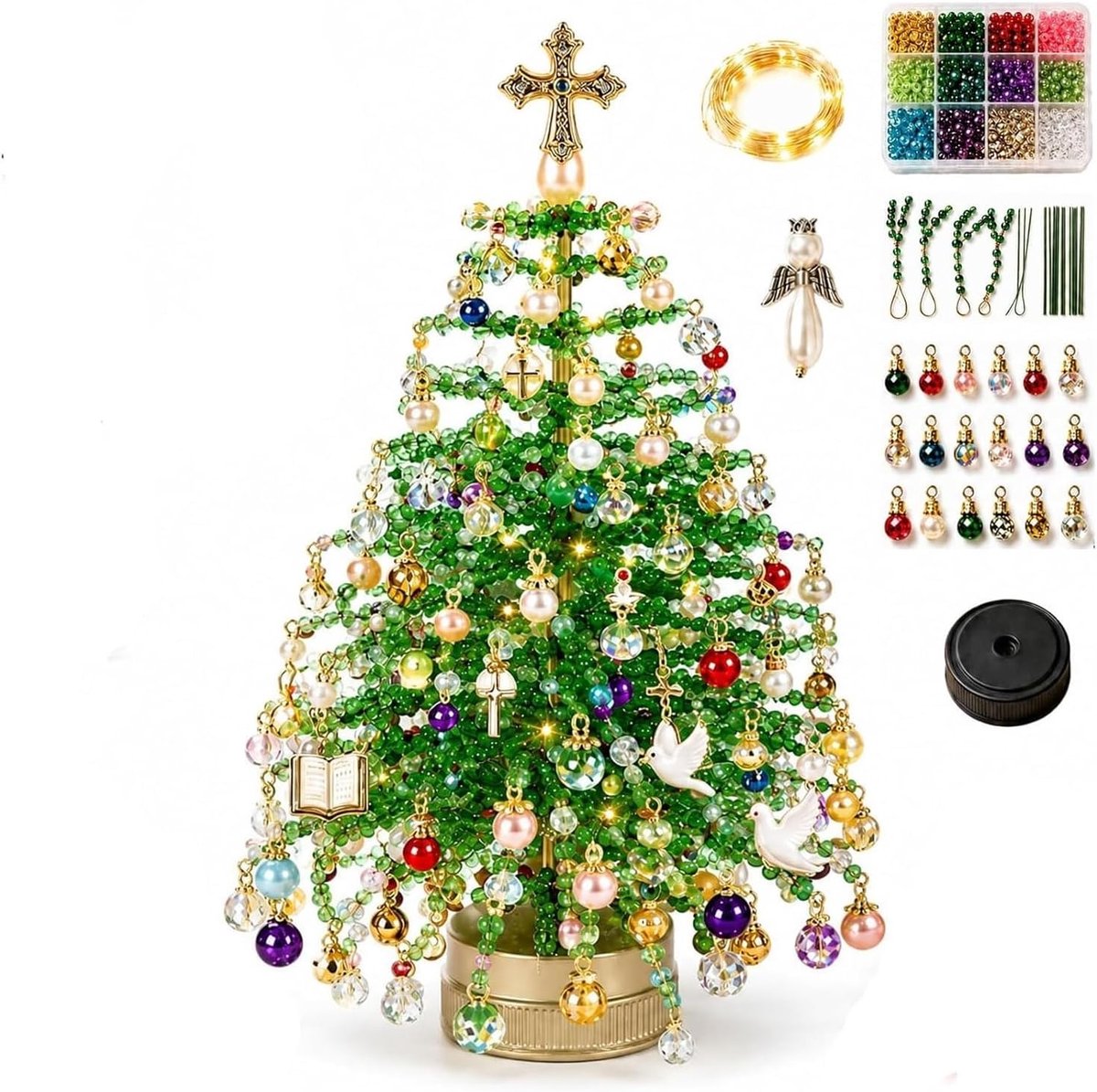 DIY Kralen Kerstboom Knutselpakket | 3D Kristal Kralen Feestknutselset | Kleurrijke Kralen & Ornament Bedels | Warme Gloed Tafeldecoratie | Ontspannend Handwerkproject voor Feestdagen Geschenk (Stijl C Geloof en Feesten)| Cyslmuk®