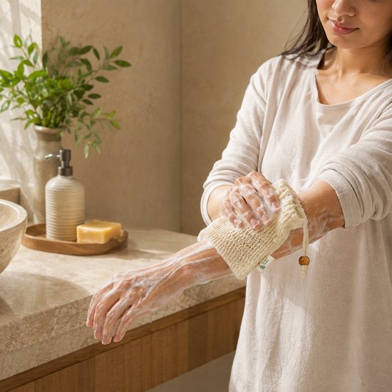 Vrouw wast arm met schuim, gebruikt beige sisal zeepzakje met zeep. Badkamer op achtergrond.