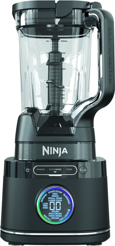Zwarte Ninja blender basis met bedieningspaneel met BlendSense technologie. Heeft een digitaal display met diverse programma's.