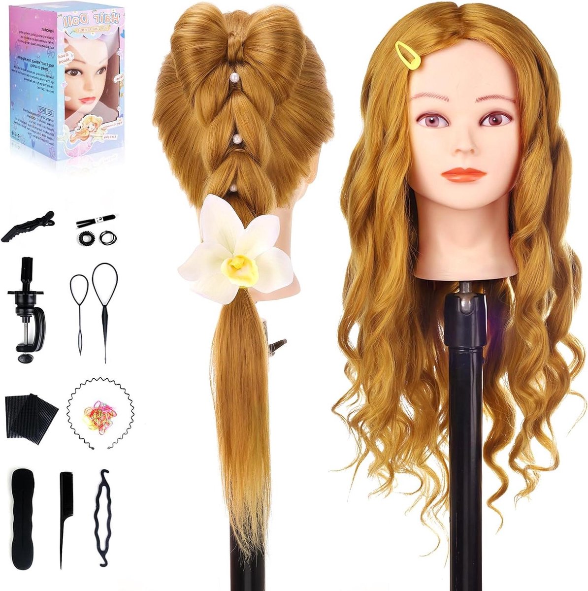 Oefenhoofd Haar - Stylingkop Kapper - Haar Stylen Oefenen - 70% Echt Mensenhaar - 66 cm - Goud