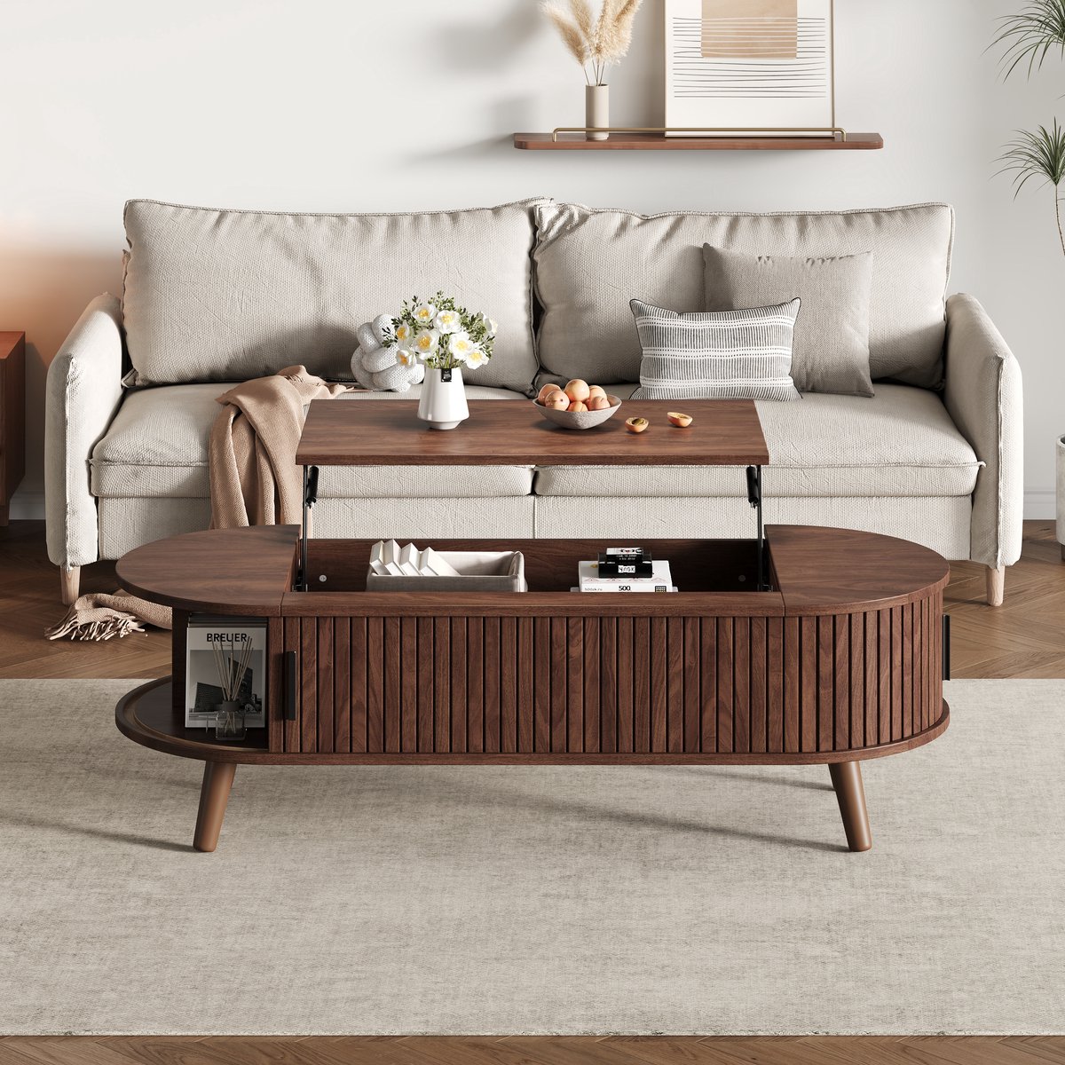 COVREO Salontafel 120 x 50 x 39,5 cm walnoot MDF, liftbaar met opbergruimte