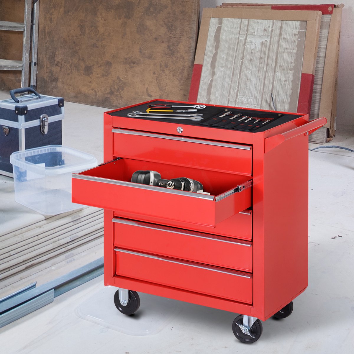 COVREO Gereedschapskar 69 x 33 x 75 cm rood staal, 5 lades met wielen