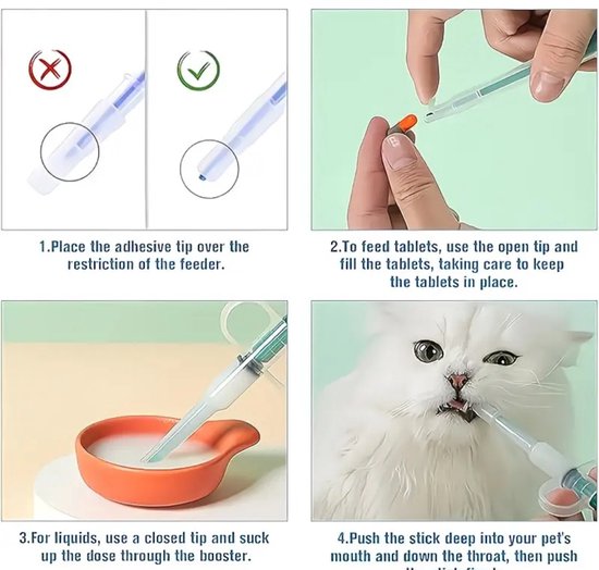 Stappenplan voor het gebruik van een pillenspuit: Plaats de tip, vul met pillen, zuig vloeistof op, voer pil aan kat.