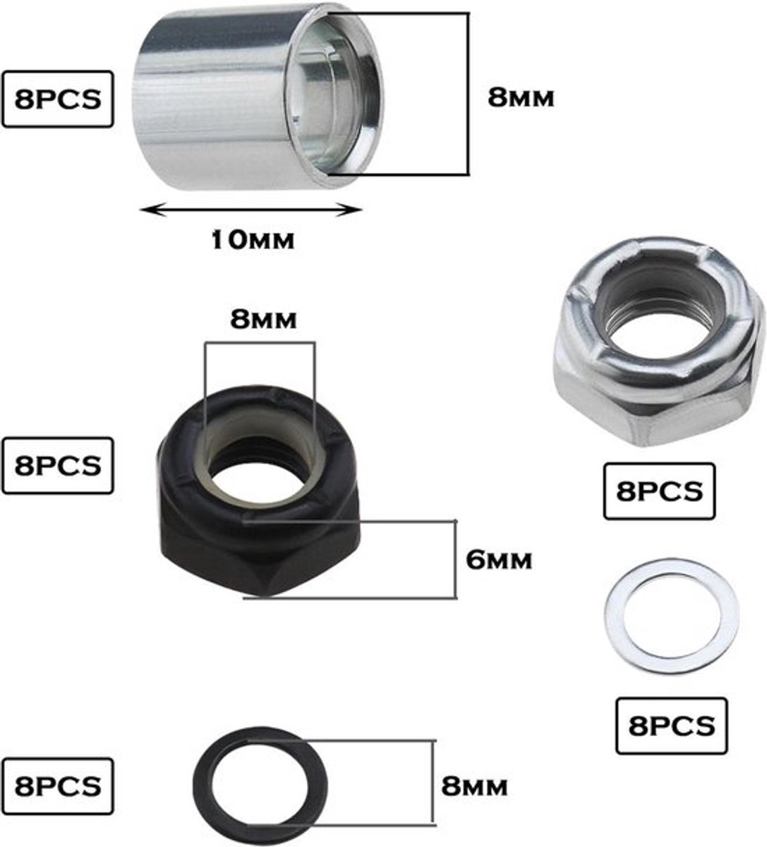 Skateboard Truck Rebuild Kit - Speed Washers & Bearing Spacers - Lock Moeren - Zwart & Zilver - Skateboards - Long Board Trucks - 2 Sets - Geschikt voor - Skateboard onderdelen