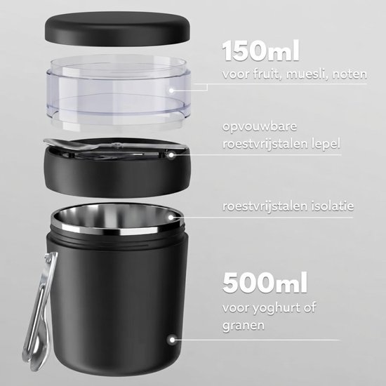 Lìon® Yoghurt Beker To Go - Yoghurt en Muesli Beker To Go - Yoghurt Beker To Go met Lepel - Zwart - 10cm x 10cm x 10cm — afbeelding 3