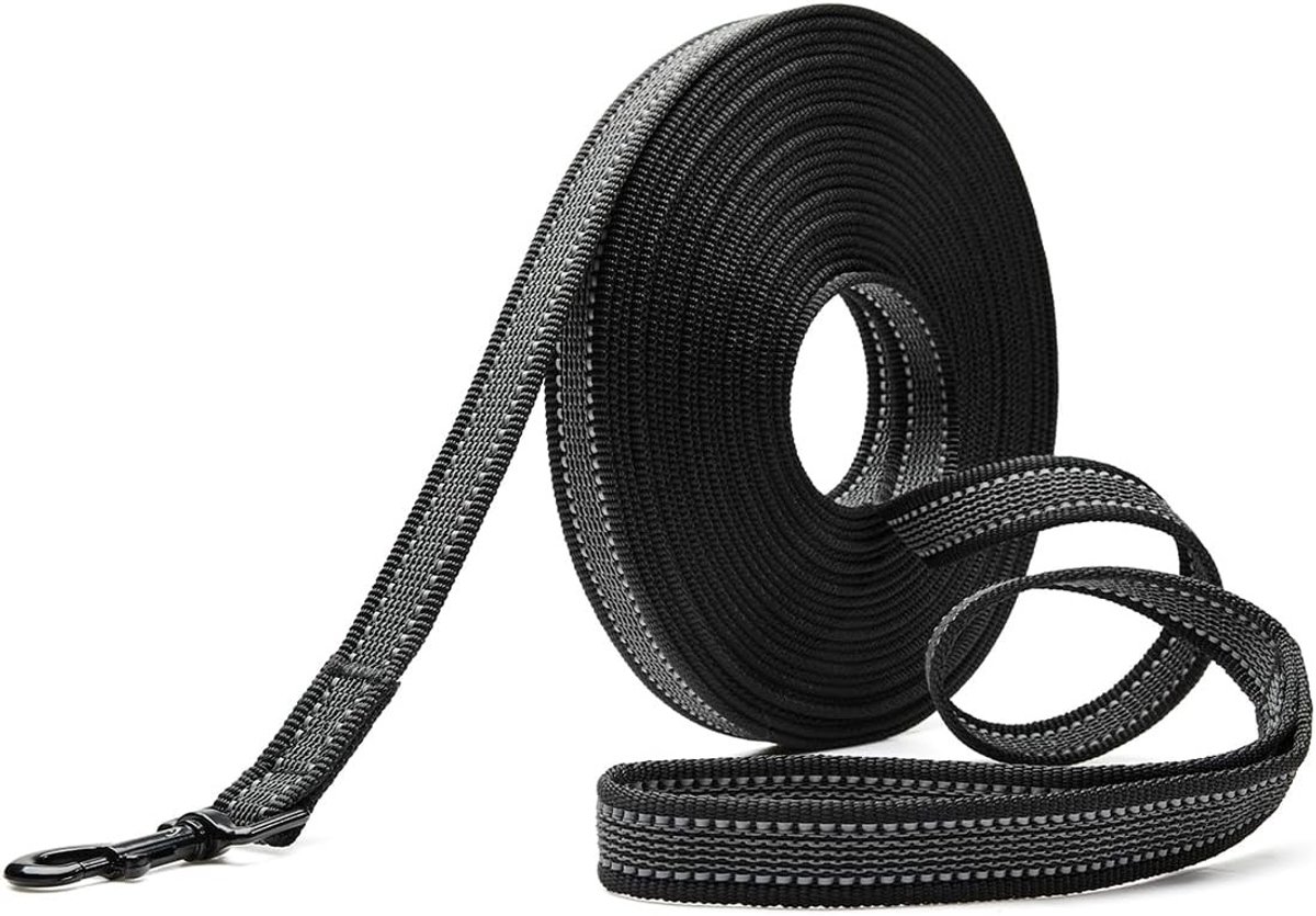Treklijn voor honden - Zwart - 10 m x 2 cm - Sterke Nylon met Antislip en Reflecterende Strepen - Voor Training en Wandeling