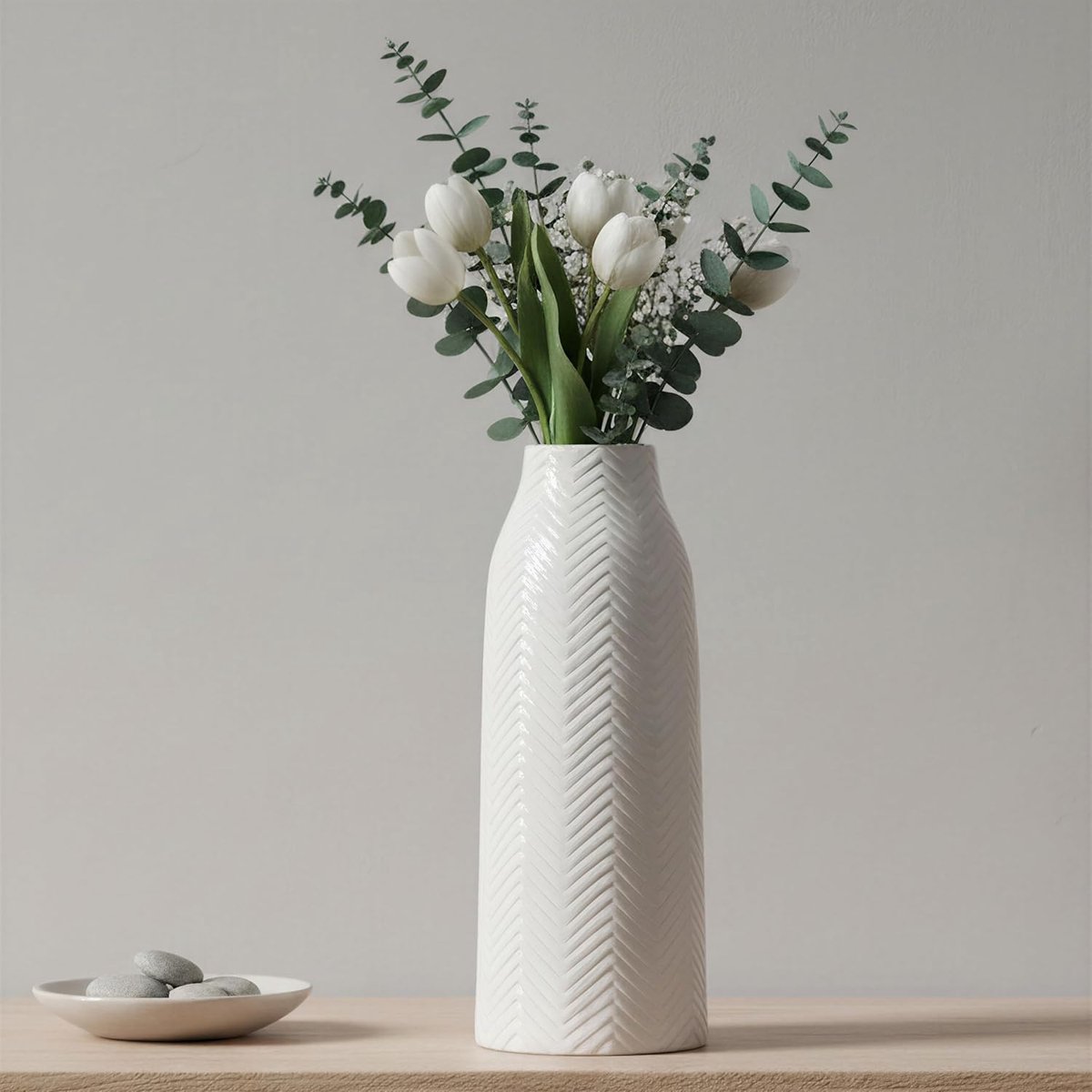 hjn Grote witte vaas - keramische vaas voor woondecoratie bloemenvaas voor centerpieces, hoge vazen voor woonkamer/boekenplank/schoorsteenmantel/tafel - witte textuur (groot)