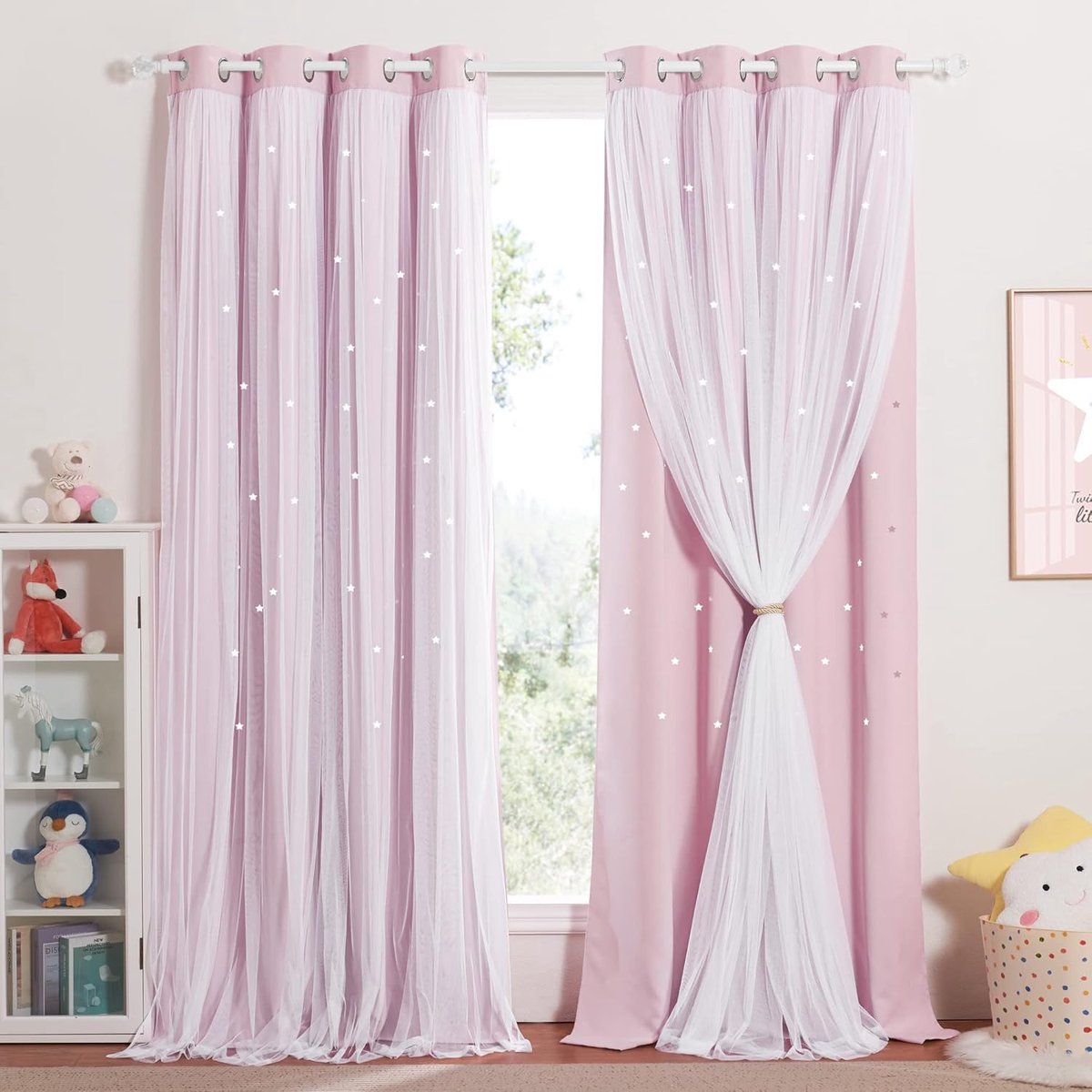 Verduisteringsgordijn, voor meisjes, voor kinderkamer, 2 stuks, met vitrage, met sterren, met ingestanste ringen, 213 x 132 cm (b x h), lichtroze