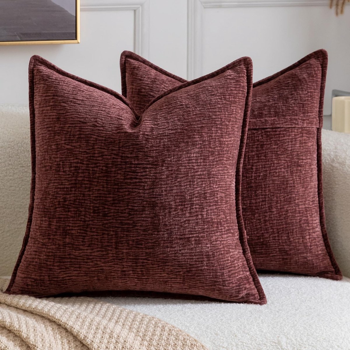 Kussenhoezen van zachte chenille, effen textuur, geschikt voor bank, sofa, slaapkamer en woonkamerr 60x60 cm Bordo rood
