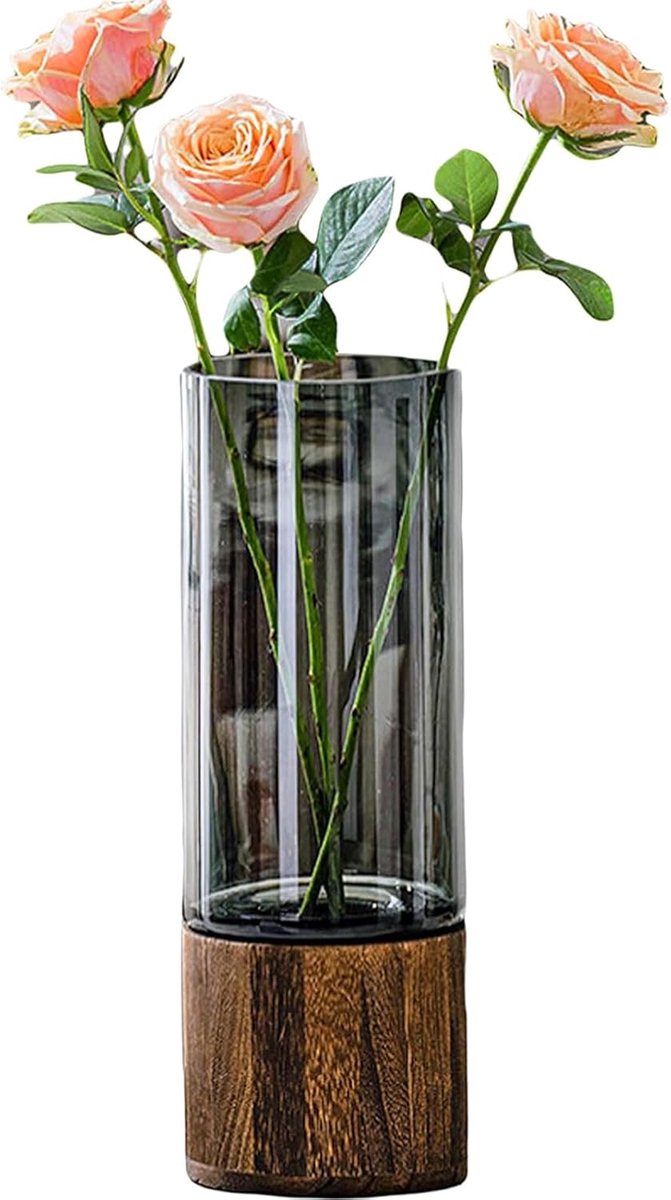 houten glazen vaas, cilindrische houten basis gerookt glas, 30 cm hoge plantenvaas voor entree, eettafel, plank, woonkamer en moderne woondecoratie