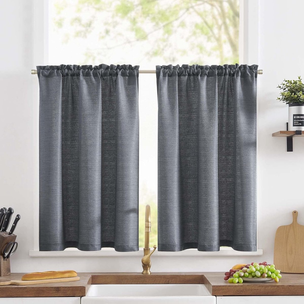 Gordijnen voor keuken, kort, modern, kast, slaapkamer, grijs, 90 x 115 cm, gordijn van jacquard-stof, transparant, voor roede, voor kleine ramen onder de gootsteen, 2 panelen