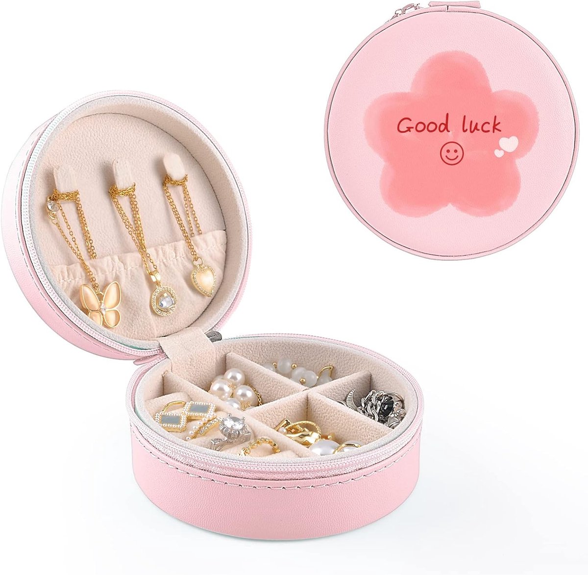 sieradendoos voor op reis, klein sieradendoosje met elegante motieven, mini-doos van PU-leer, organizer voor ringen, halskettingen en oorbellen, cadeau voor vrouwen