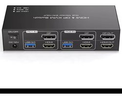 VIKEFON Dual Display KVM Switch – 2 Poorten (HDMI + DisplayPort) – 4K @ 60Hz – Inclusief USB 3.0 Hub – Schakel tussen 2 PC's op 2 Schermen – Zwart