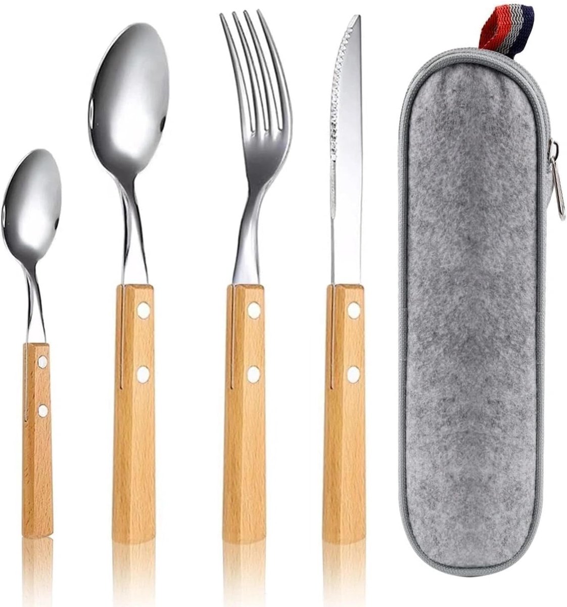 Bestekset voor 1 persoon, 5-delig bestek To Go van roestvrij staal – outdoor camping messen vork lepel set met tas, reisbestek vaatwasmachinebestendig