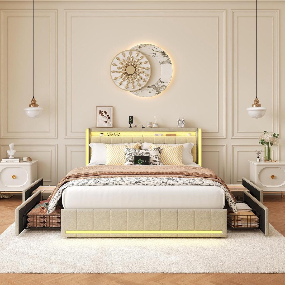 Tweepersoonsbed met Lades - Opbergbed Bedframe - Slaapkamer Organisatie - Hoofdeinde met USB en LED - 140 x 200 cm
