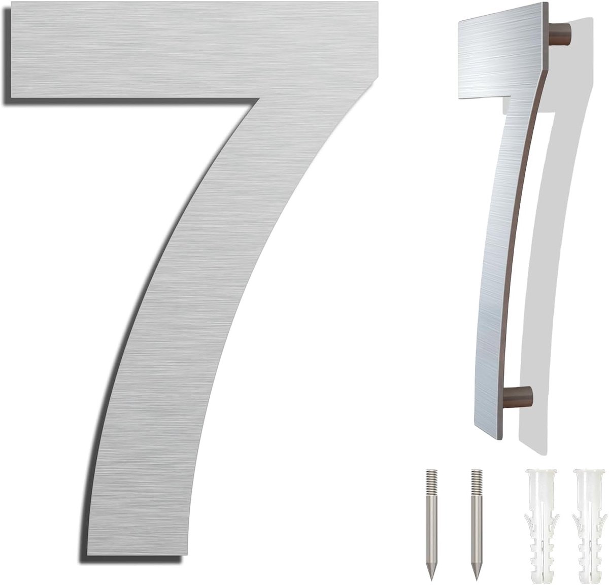 stalen huisnummer, weerbestendig en onderhoudsvriendelijk, metallic matte zilveren afwerking, moderne zwevende look en eenvoudige installatie, hoogte 152 mm, Arial cijfer 7