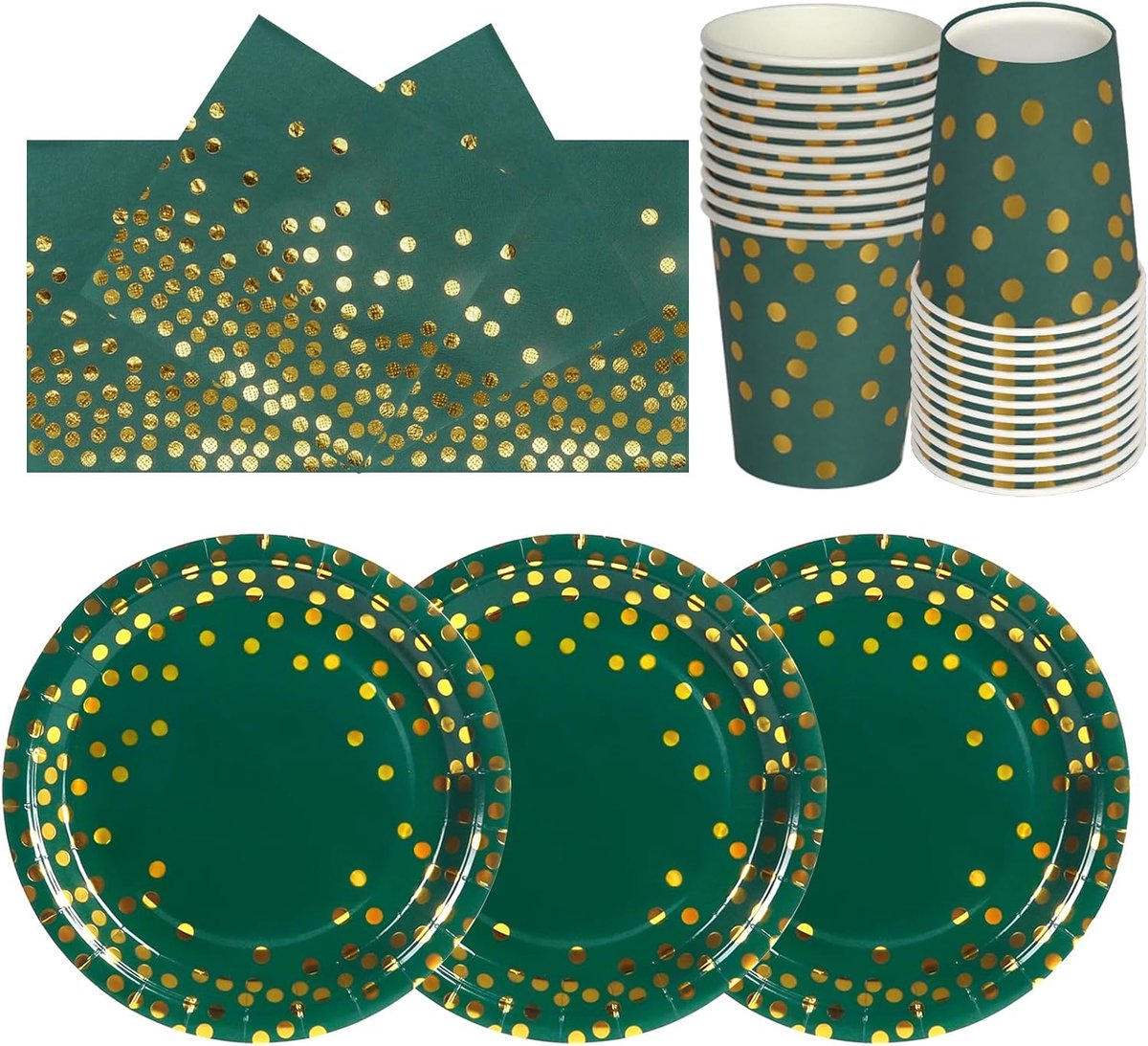 72 stuks donkergroen gouden feestservies, papieren borden, kopjes en servetten, feestbenodigdheden voor verjaardag, bruiloft, picknick, restaurant, tafeldecoraties (24 gasten)