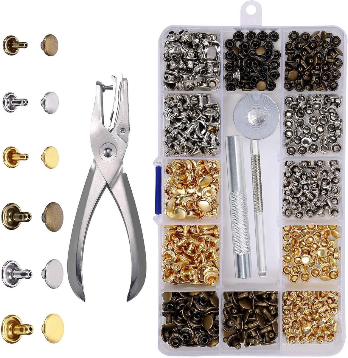 Klinknagels Leer Bewerking - Dubbele Kop Nagels - Kleding Repareren - Met Bevestigingsgereedschap - 2 Maten 3 Kleuren