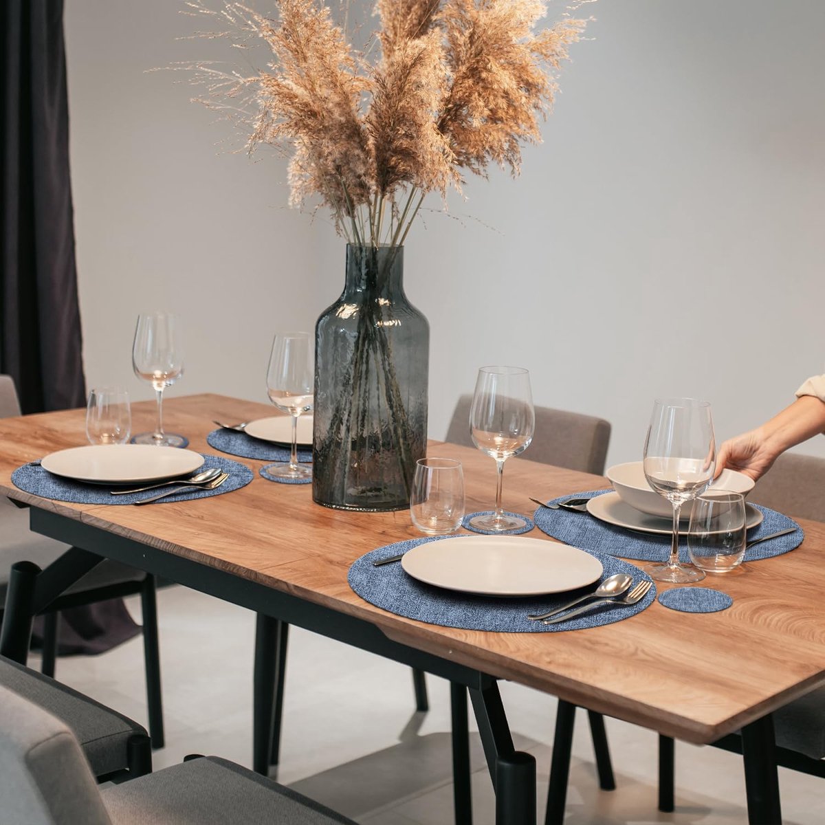 Placemats en Onderzetters - Tafelmatten Set - Tafel Beschermen - Hittebestendig PU-leer - Ø43 cm - Blauw