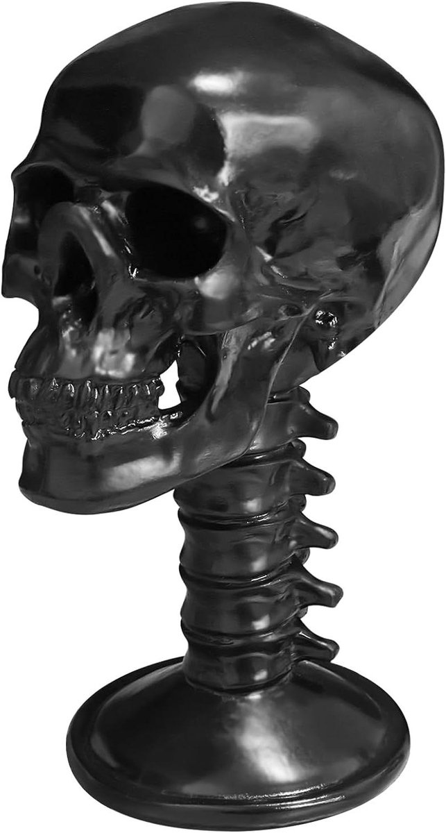 Brilhouder Doodskop - Hars Sculptuur - Bureau Decoratie - Realistisch Uiterlijk - 16 cm hoog - Zwart
