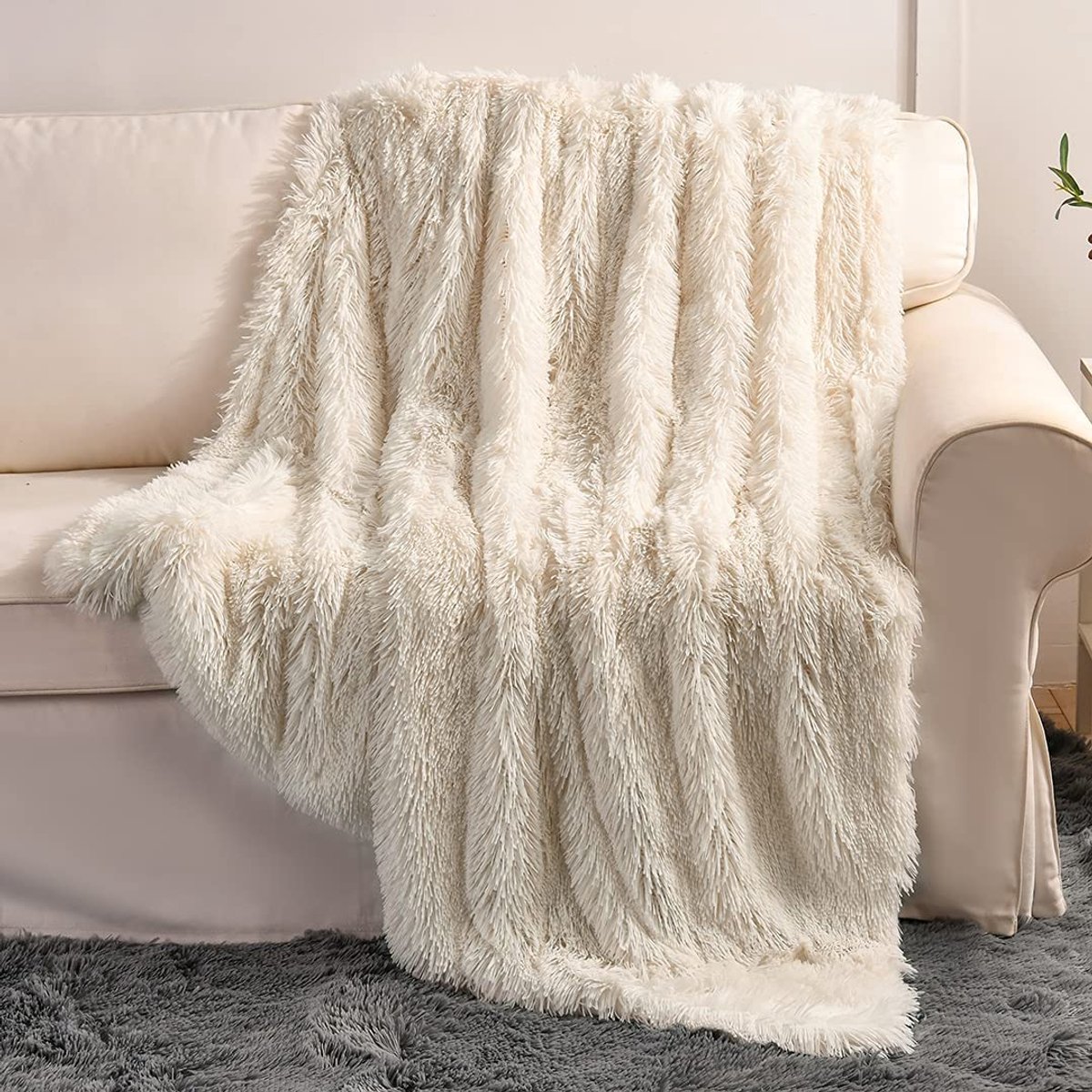 Lange plaid van imitatiebont voor sofa, bank, 2 lagen, 0,95 kg, alle leeftijden, woondecoratie, (crèmewit, 127 x 152 cm)
