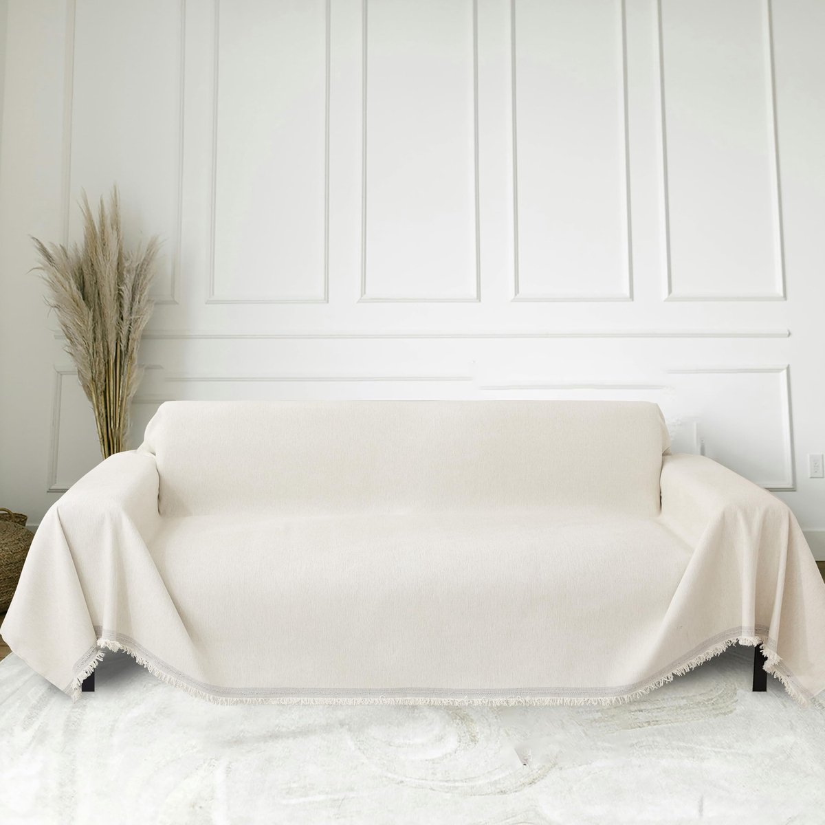 Schonbezüge met franjes, chenille deken, anti-slip bescherming, multifunctionele deken voor thuis, woonkamerbank, kantoor (wit, 230x340 cm)