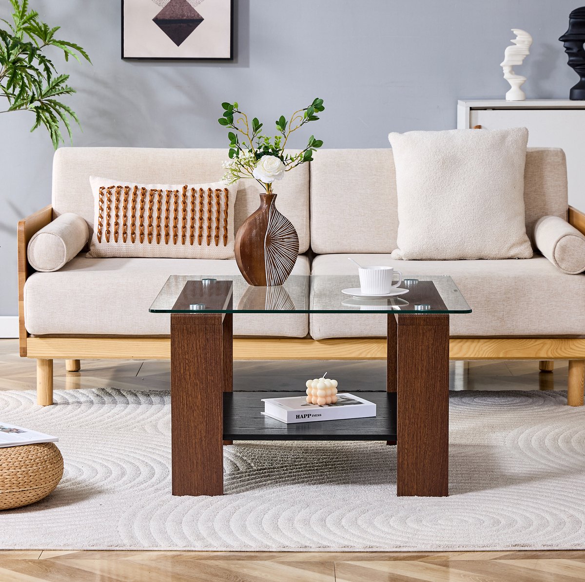 MIVRAY Salontafel - Moderne Tafel Met Glazen Blad En Opbergrek - Voor Woonkamer En Kleine Ruimtes - MDF En Glas - 65x41x45,5 Cm - Walnoot