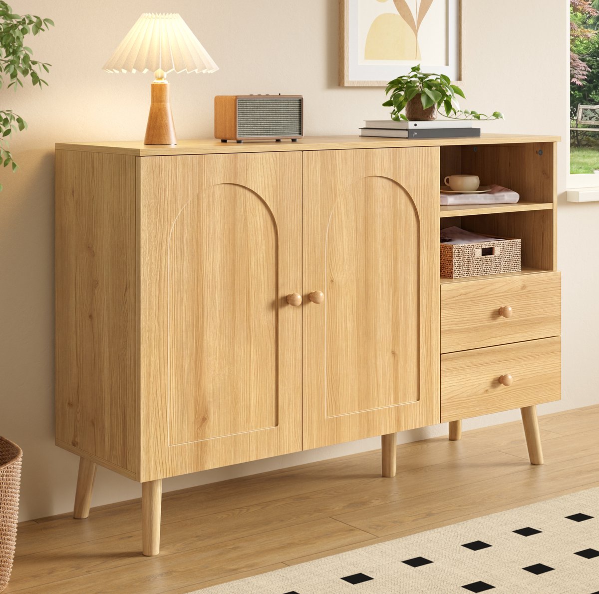 MIVRAY Dressoir - Gewelfde Deuren Met 2 Lades En Open Vakken - Voor Woonkamer Eetkamer En Hal - MDF En Spaanplaat - 118x35x82 Cm - Naturel