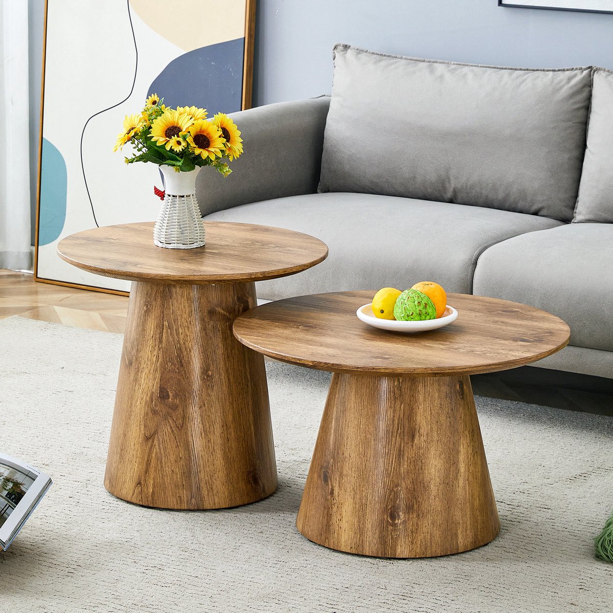 MIVRAY Bijzettafelset - Ronde Salontafels In Houtlook Voor Woonkamer En Lounge - MDF Met Fineer - 50x48 En 60x35 Cm - Houtkleur