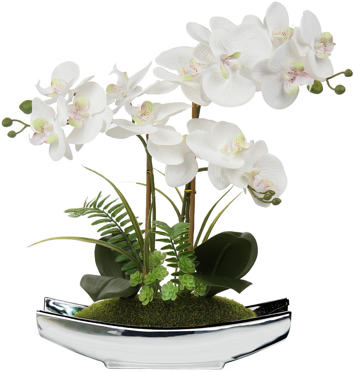 Kunstbloemen 15 inch Witte Phalaenopsis Orchidee met Zilveren Potten Real Touch Faux Orchidee Plant voor Thuiskantoor Woonkamer Tafel Decoratie