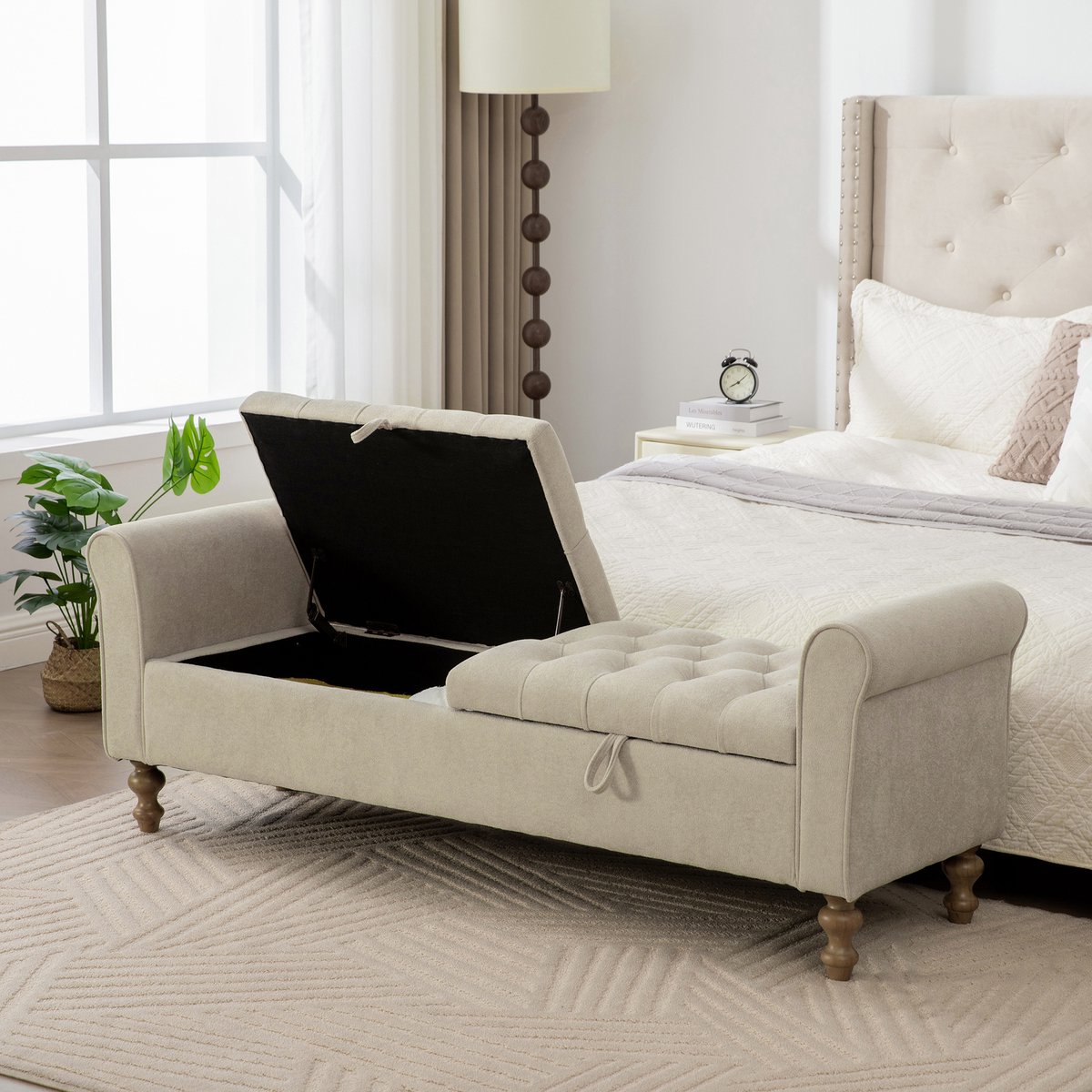 PHOEBE CAT Bedbank - 2 afdekplaten - Opbergruimte - Met armleuningen - Imitatie-suède - Rubberhout poten - Grijsbeige