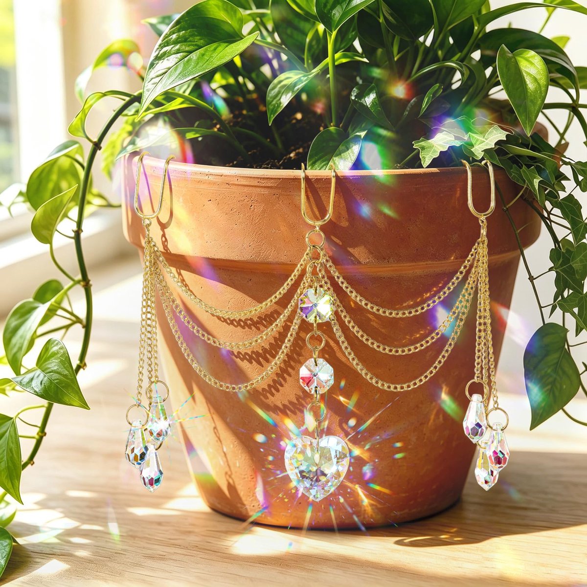 kristallen zonnevanger met parels en glas, regenboog-lichtvanger om op te hangen voor kamerplanten, gouden parels, plantenhanger voor tuin, balkon en kantoor (hart)