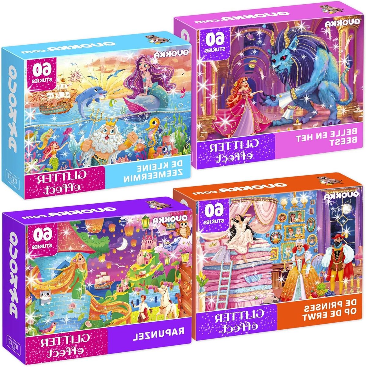 Glinsterende Puzzels - Sprookjes Puzzels - Kind Ontwikkeling - FSC Gecertificeerd - 4x60 Stukjes - Kleurrijk