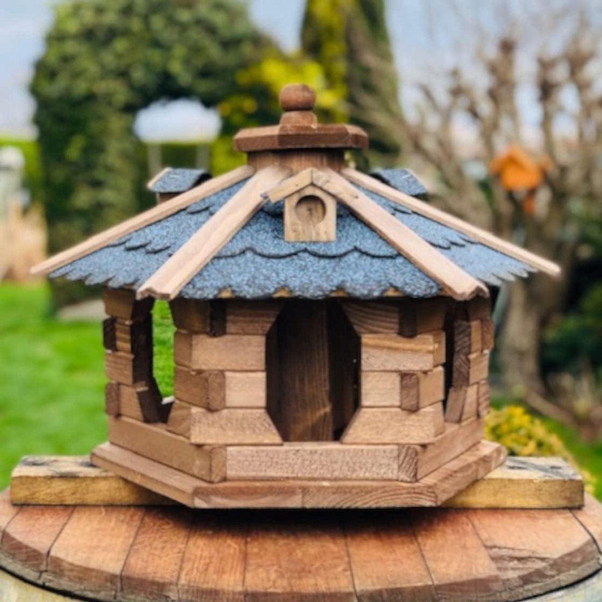 Zeshoek Vogelhuis - Voederplaats Hout - Vogels Voeren - Handgemaakt Weerbestendig - L XL - Donkerbruin Blauw