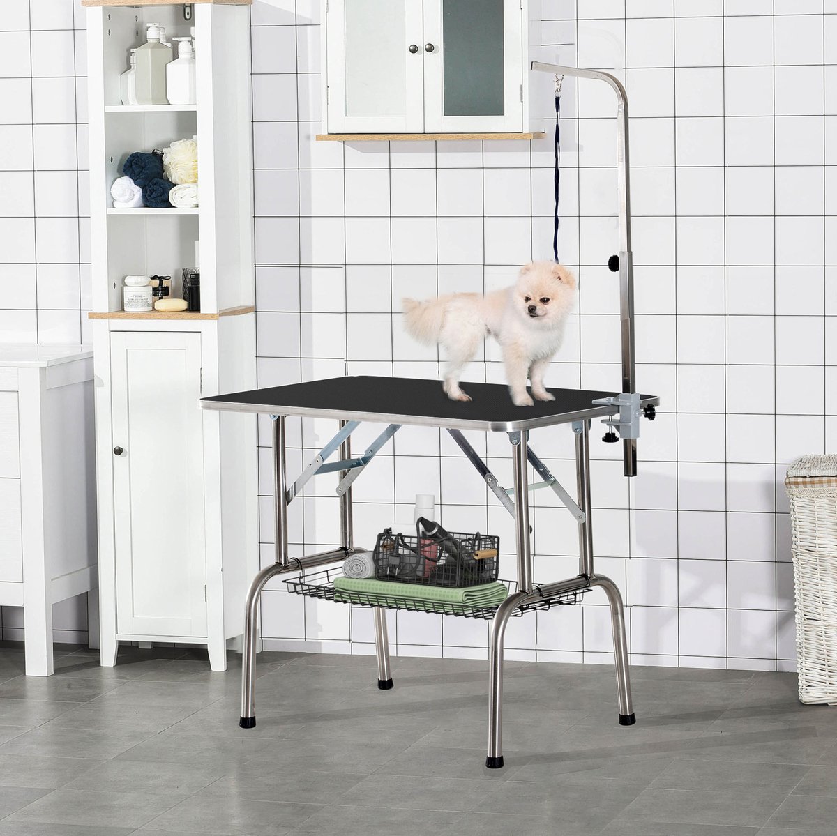 MEUNIQ trimtafel voor hond 90 x 60 x 75 cm, inklapbaar en hoogteverstelbaar met 360° draaibare galg, bevestigingsriem, opbergmand en roestvrijstalen frame