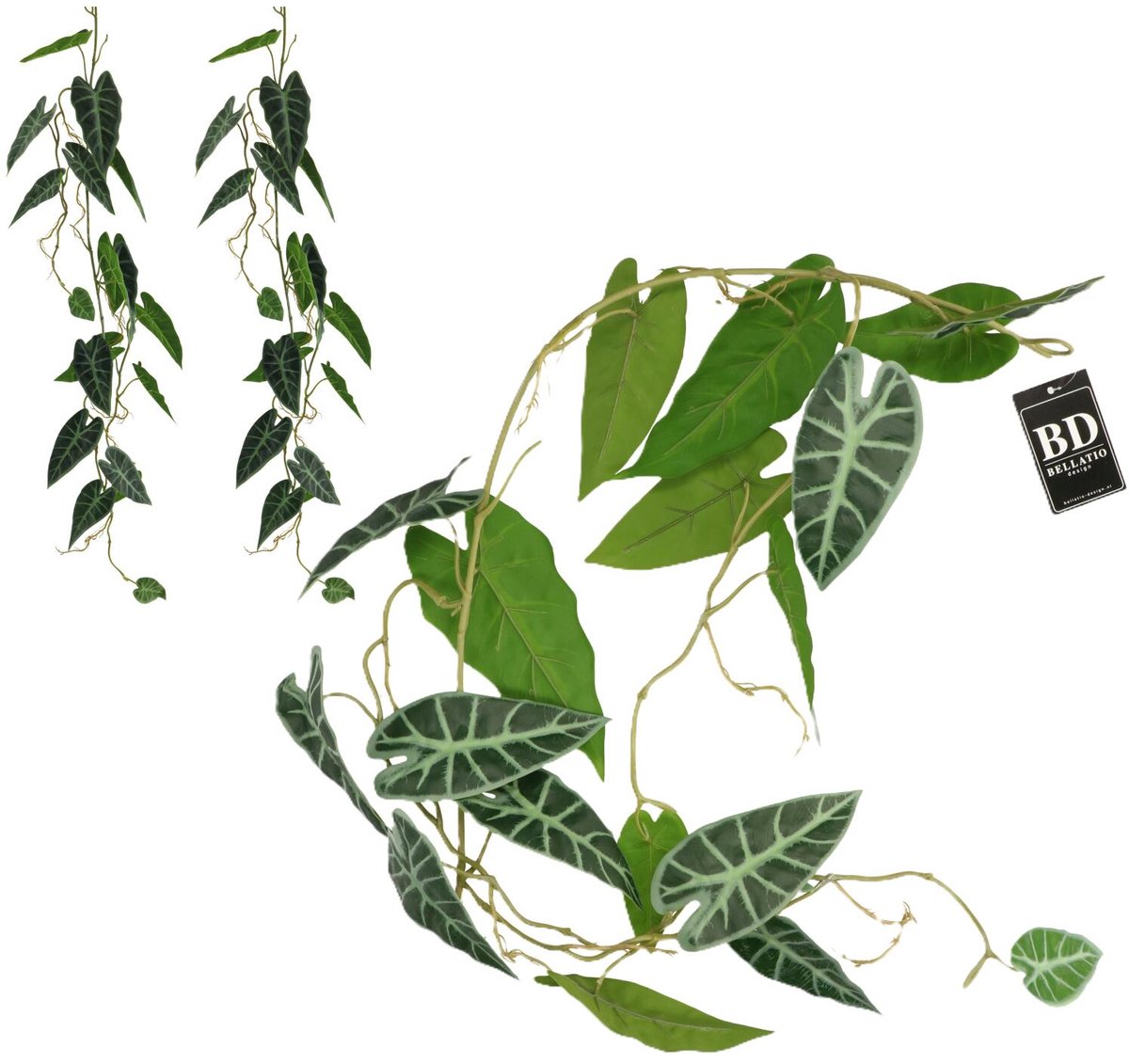 Bellatio Design kunstplant / hangplant slinger - 3x - Alocasia - groen - 105 cm lang - planten guirlandes - bladeren