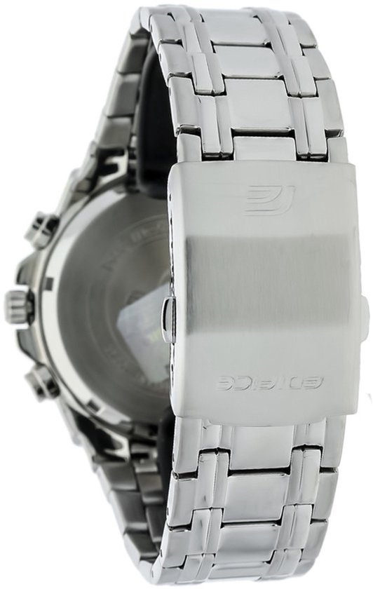 Sluiting van zilverkleurig metalen horlogebandje met Edifice logo.