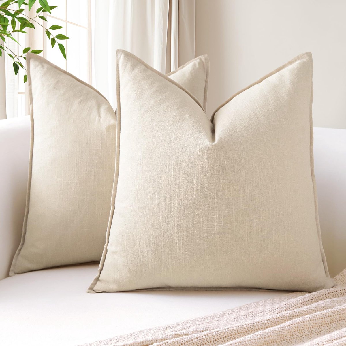 Set van 2 zachte linnen decoratieve kussenhoezen 60cm x 60cm effen landelijke sierkussenhoezen boho accent kussenhoezen voor bank fauteuil stoel slaapkamer woondecoratie, crèmewit