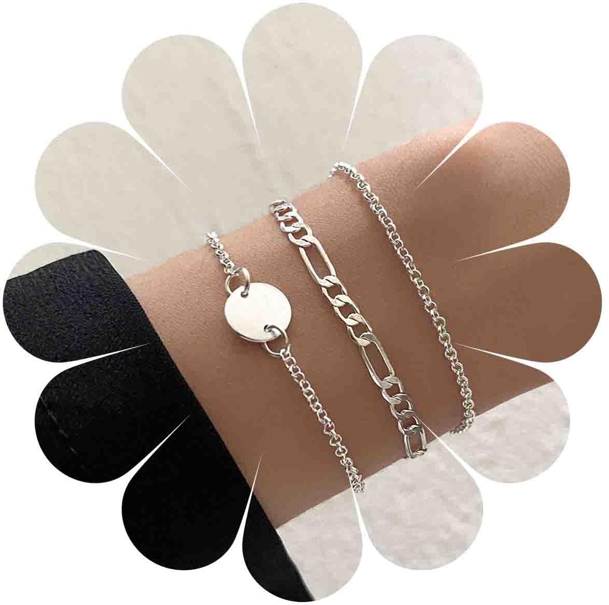 Boho Pailletten Armbanden zilver groot hol platte handketting punk armbanden 3-delige set slave armbanden sieraden cadeau voor vrouwen en meisjes