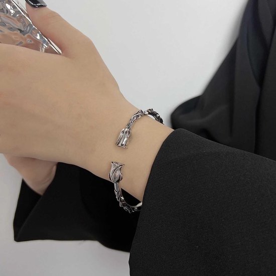 armband zilver vintage roos charme open manchet armband statement roos bloem geluk armband handketting boho hand band voor vrouwen en meisjes — afbeelding 4
