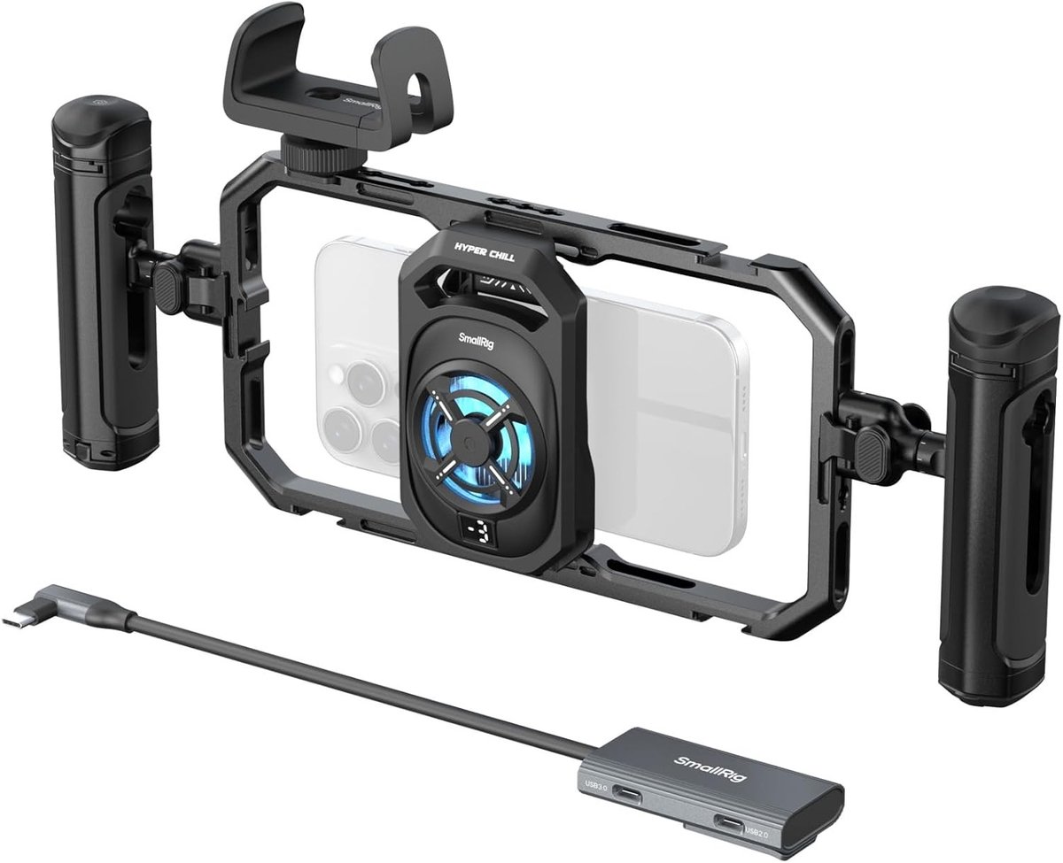 All-in-One Dual Handle Cooler Box voor Smartphones, 15W Actieve Koeler, 4-in-1 USB-C Hub en Powerbank Houder, Compatibel met 2.5-3.1 inch Telefoons