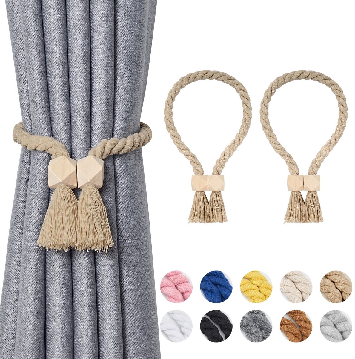 Jolly Polyeder Magnetische gordijn-verzamelhouders van hout, boho-decoratie, gordijnhouder, natuurlijk katoen, handgeweven, voor raamgordijnen voor thuis en op kantoor, donkerbeige, 2 stuks