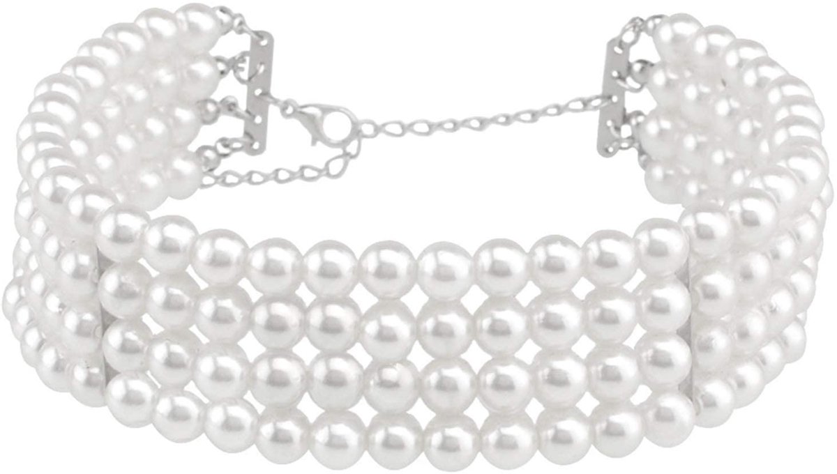 Parelketting met koord, meerlaags, kunstparels, brede witte parels, zilveren sieradenketting voor vrouwen en meisjes