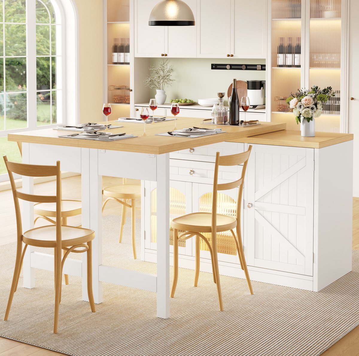 Uitrekbare Eettafel Voor Keukeneiland - 360 Graden Draaibaar Tafelblad Met Lades En Kastdeuren - Voor Woonkamer En Keuken - Wit - 120 Tot 194 Cm