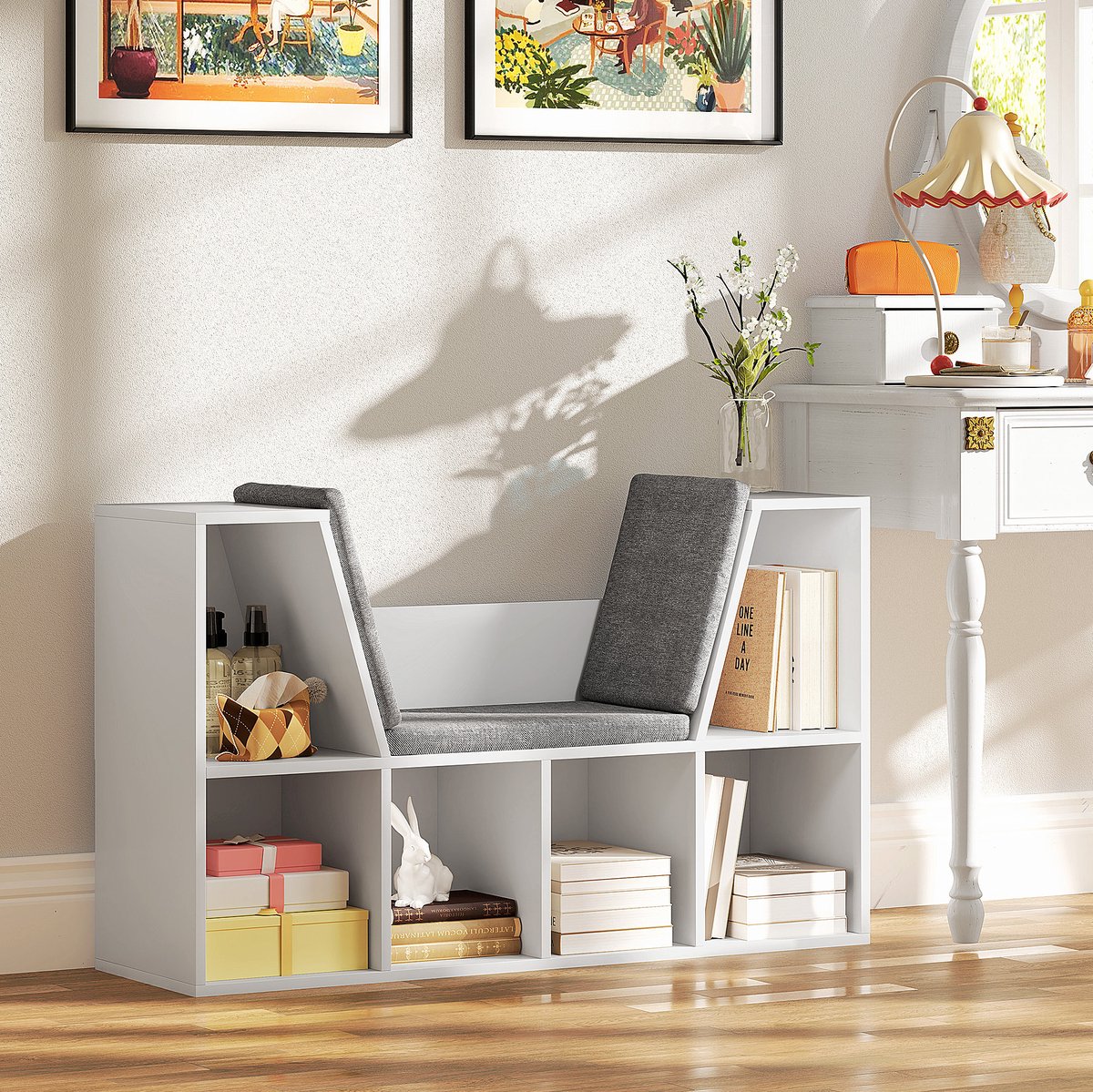 MEUNIQ Boekenkast met zitkussen, open opbergkast met 6 vakken, 105 x 30 x 63 cm, wit voor slaapkamer, werkkamer of woonkamer