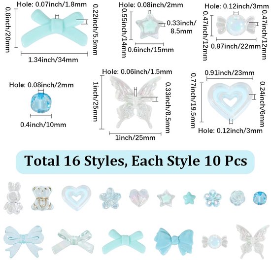 160 stuks, 16 verschillende esthetische acrylkralenset, Kawaii stijl, blauw wit, hars, ronde kralen, bloemen, sterren, hazen, strikken, vlinders, losse kralen voor het maken van sieraden — afbeelding 5