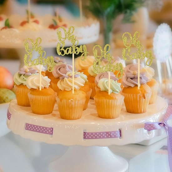 24 Stuks Oh Baby Cupcake Toppers, Glitter Cake Toppers Oh Baby Cupcake Prikkers Jongen of Meisje Thema Cupcake Toppers Baby Shower Cupcake Decoraties voor Kinderfeestjes (Goud) — afbeelding 4