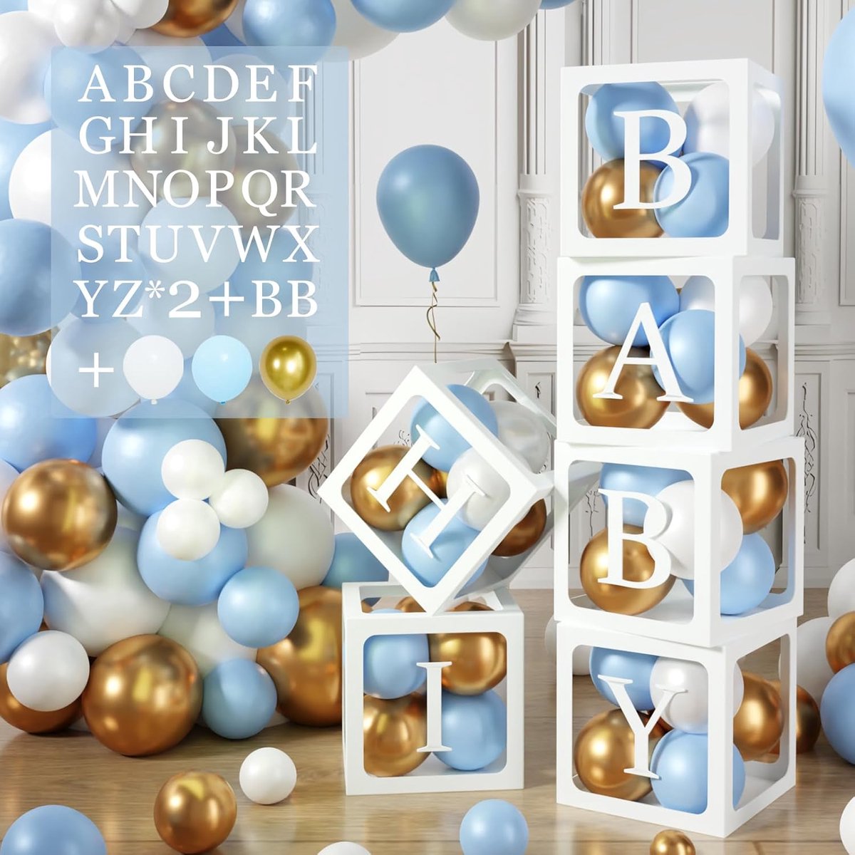 105 Stuks Babyshower Decoraties Voor Jongens - 6 Blauwe Dozen Met 54 Letters, 45 Blauw Wit Gouden Ballonnen - Babydozen Voor Verjaardagsfeestje Decoratie