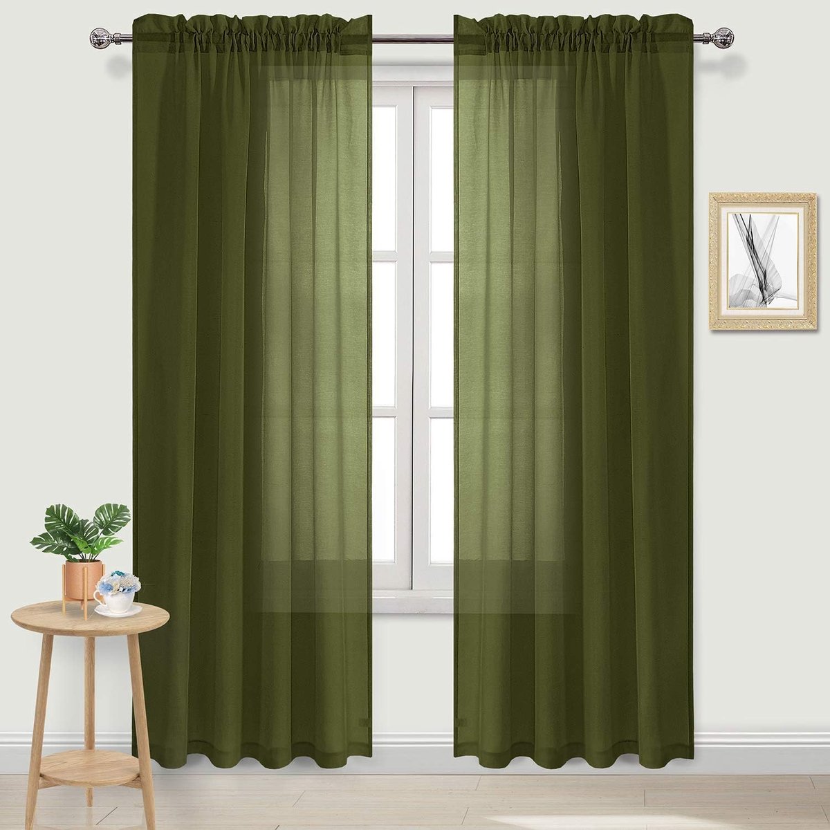 Set van 2 transparante gordijnen in linnenlook met stangdoorvoer voor de woonkamer 120 x 84 cm olijfgroen