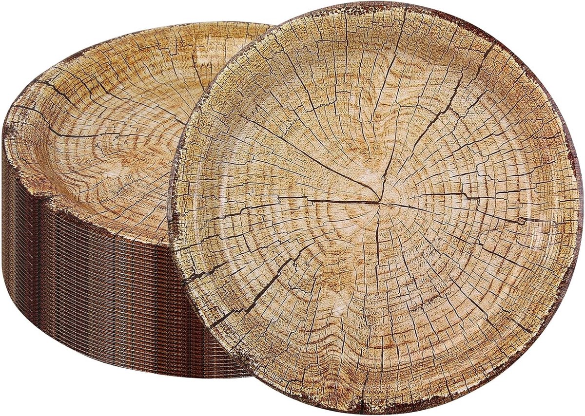 Houtnerf feestborden 50 stuks, 9" rustieke houteffect papieren borden, voor bosthema feesttafeldecoraties